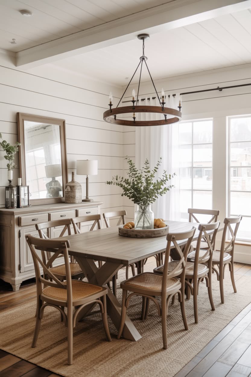 White dining room with shiplap walls and circular chandelier