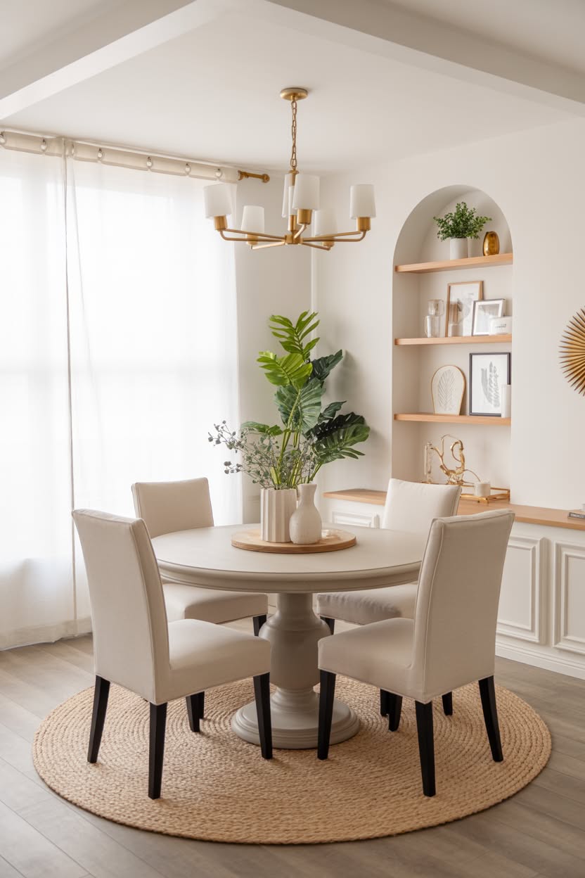 Modern dining room with brass chandelier and built-in arched shelving