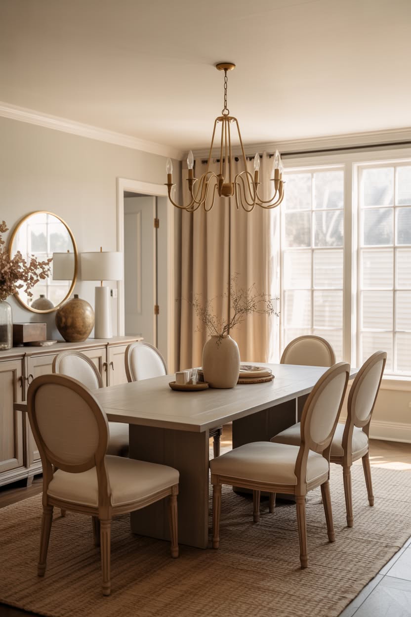 Neutral dining room with rectangular table and bronze candelabra chandelier
