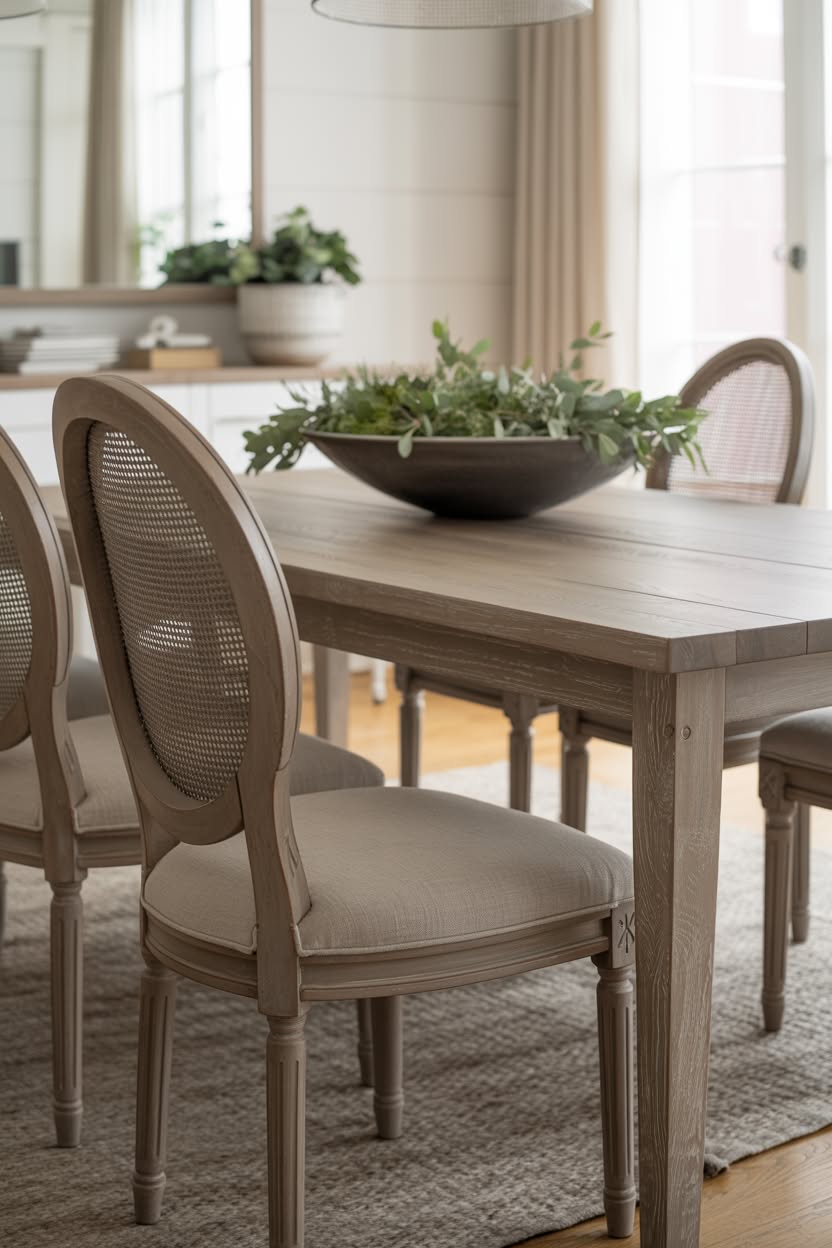 Close-up of cane back dining chairs with natural wood table