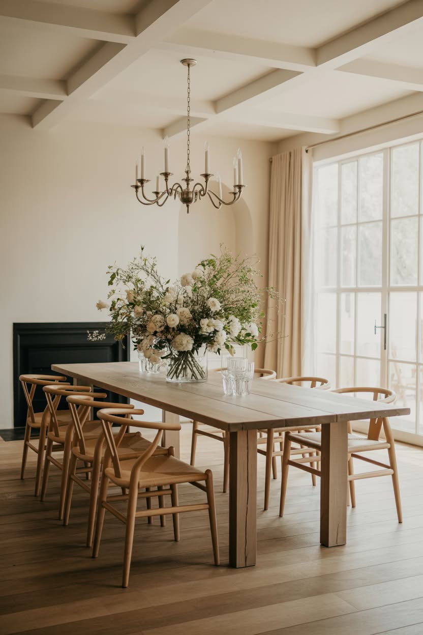 Dining room with wishbone chairs, exposed ceiling beams, and candelabra chandelier