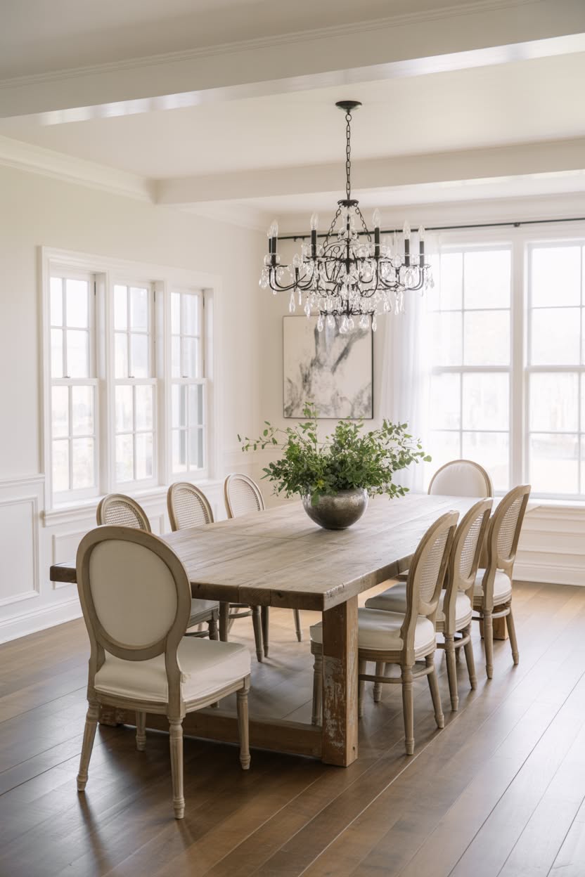 Bright white dining room with crystal chandelier and cane back chairs