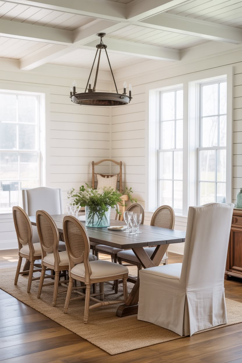 Bright dining room with shiplap walls, mixed chair styles, and wagon wheel chandelier
