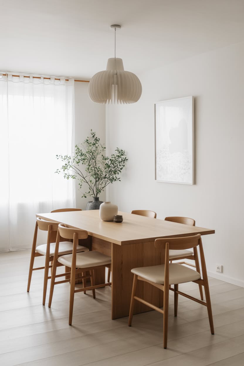 Minimalist dining room with sculptural paper pendant light and modern wood chairs
