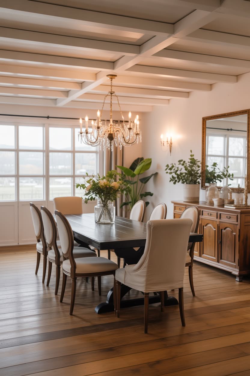 Elegant dining room with coffered ceiling, dark table, and crystal chandelier
