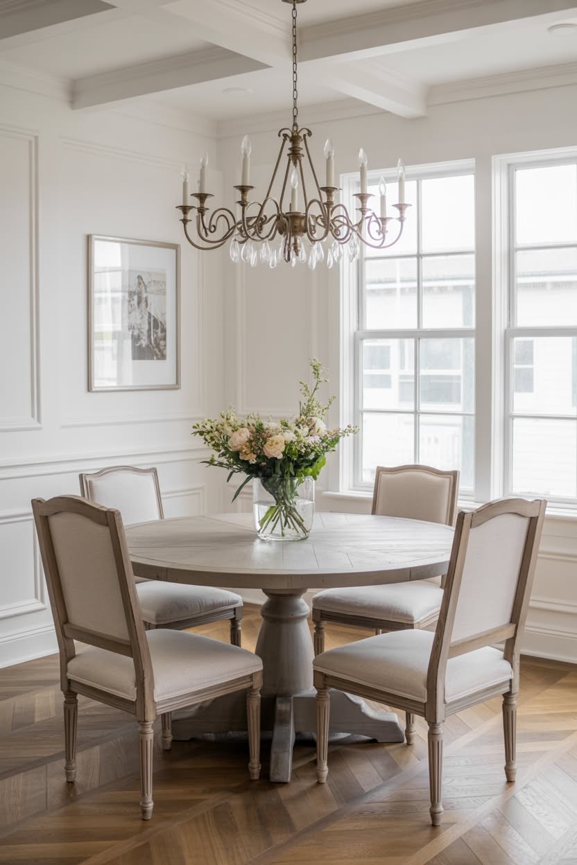 Traditional dining room with round pedestal table and bronze candelabra chandelier