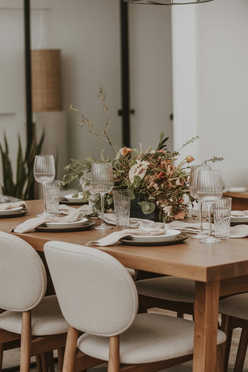 Close-up of dining table with dried floral centerpiece and crystal glassware
