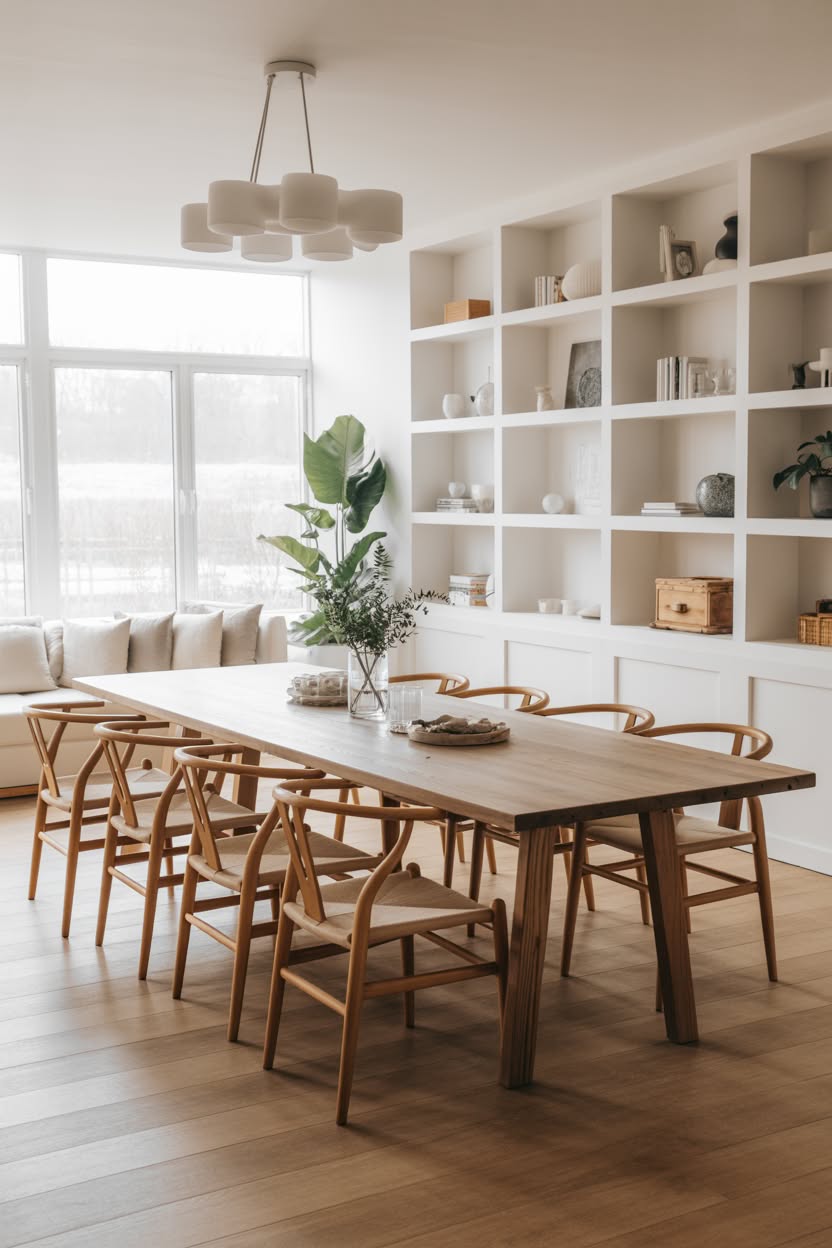 Modern dining room with wishbone chairs and built-in shelving wall