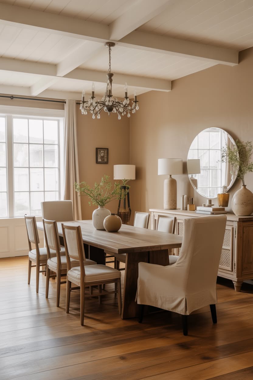 Beige dining room with exposed ceiling beams and crystal chandelier