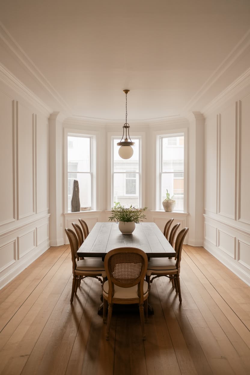Modern traditional dining room with bay windows, cane back chairs and white paneled walls