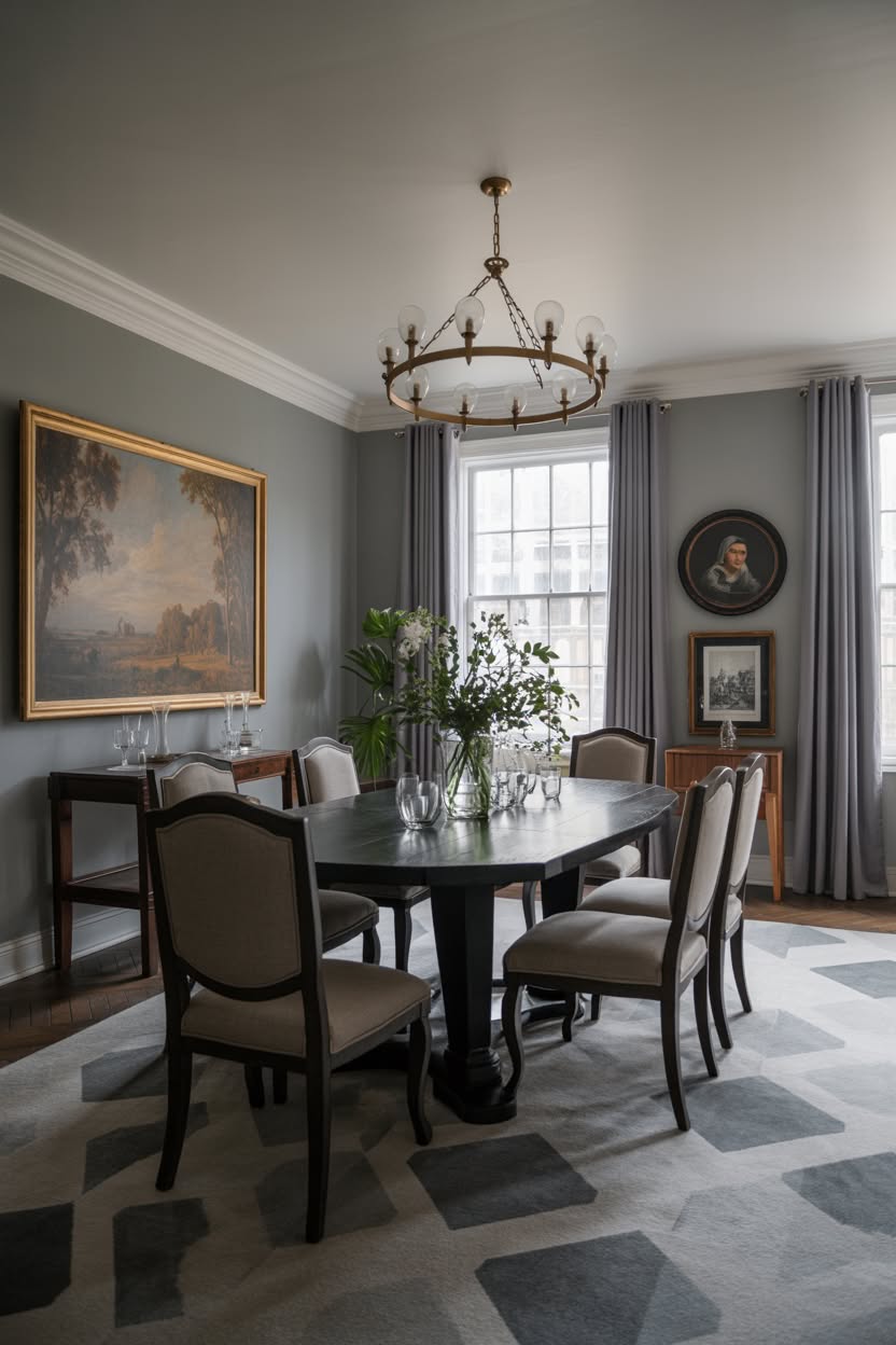 Gray dining room with circular iron chandelier and upholstered chairs
