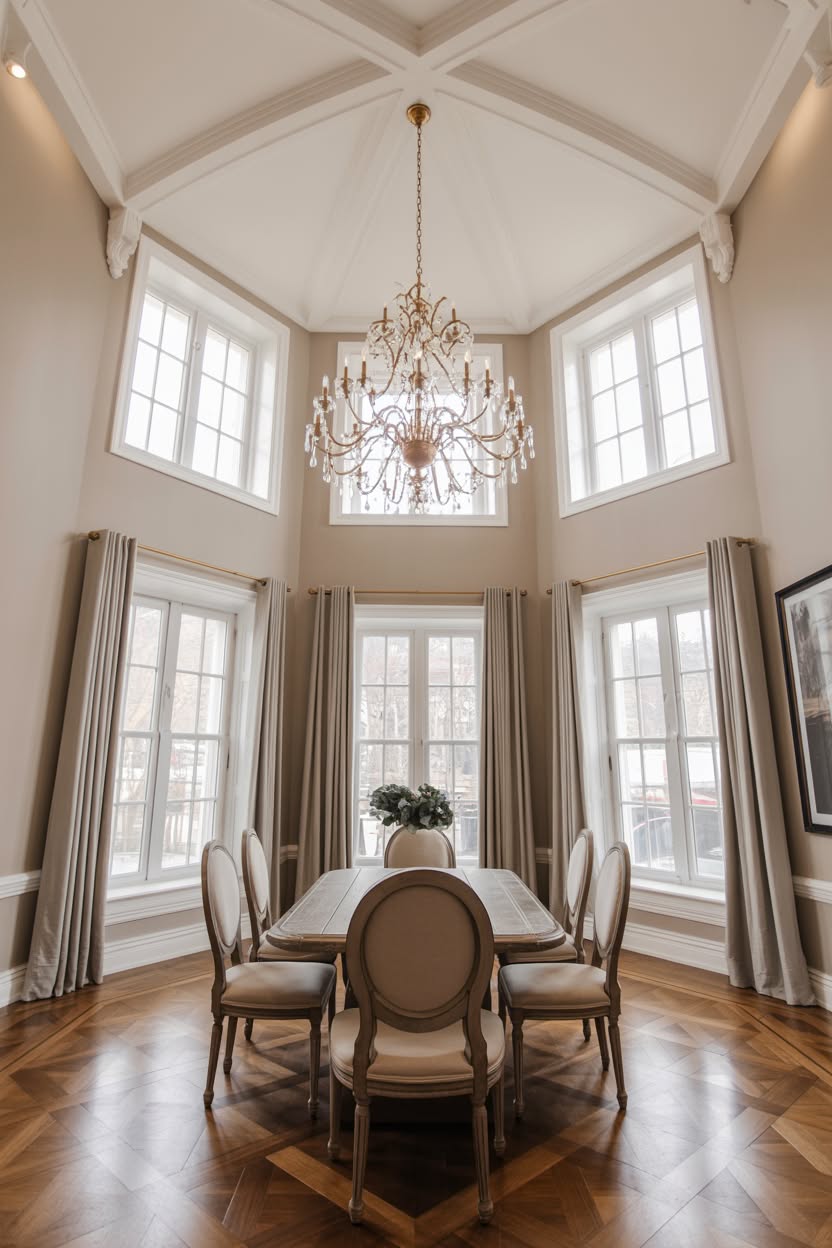 Dramatic two-story dining room with vaulted ceiling and crystal chandelier