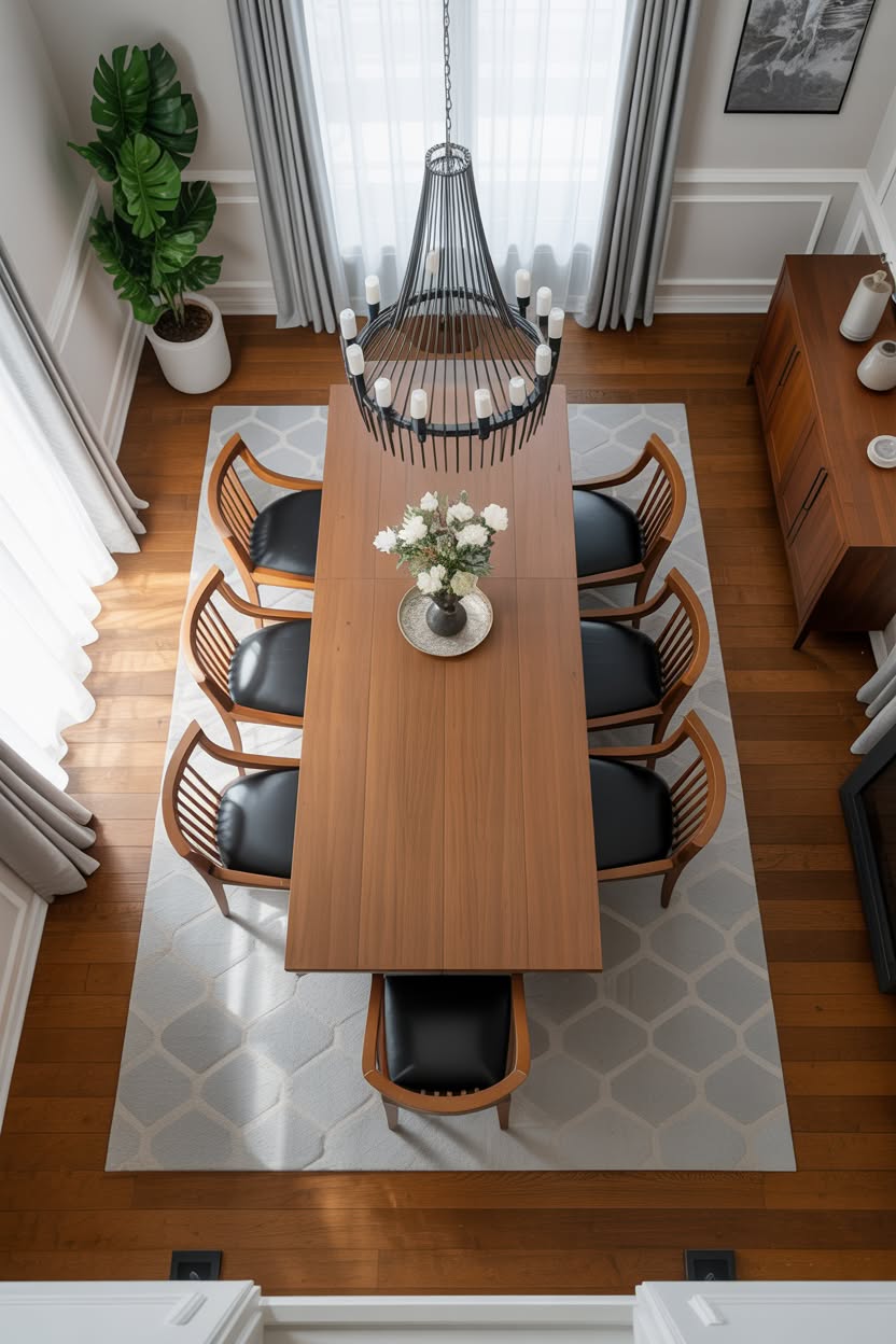 Modern dining room with black cage chandelier viewed from above