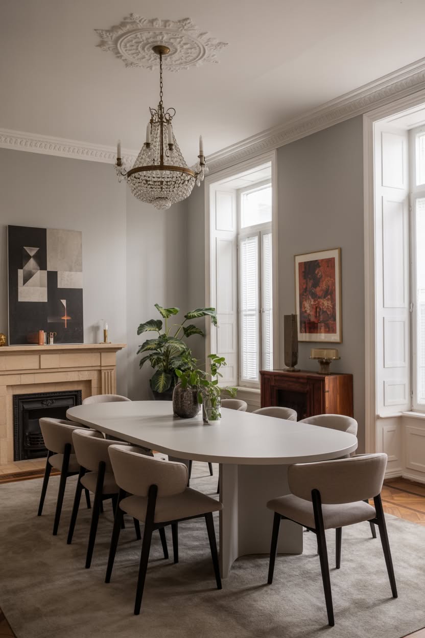 Grand dining room with ornate ceiling medallion and crystal chandelier