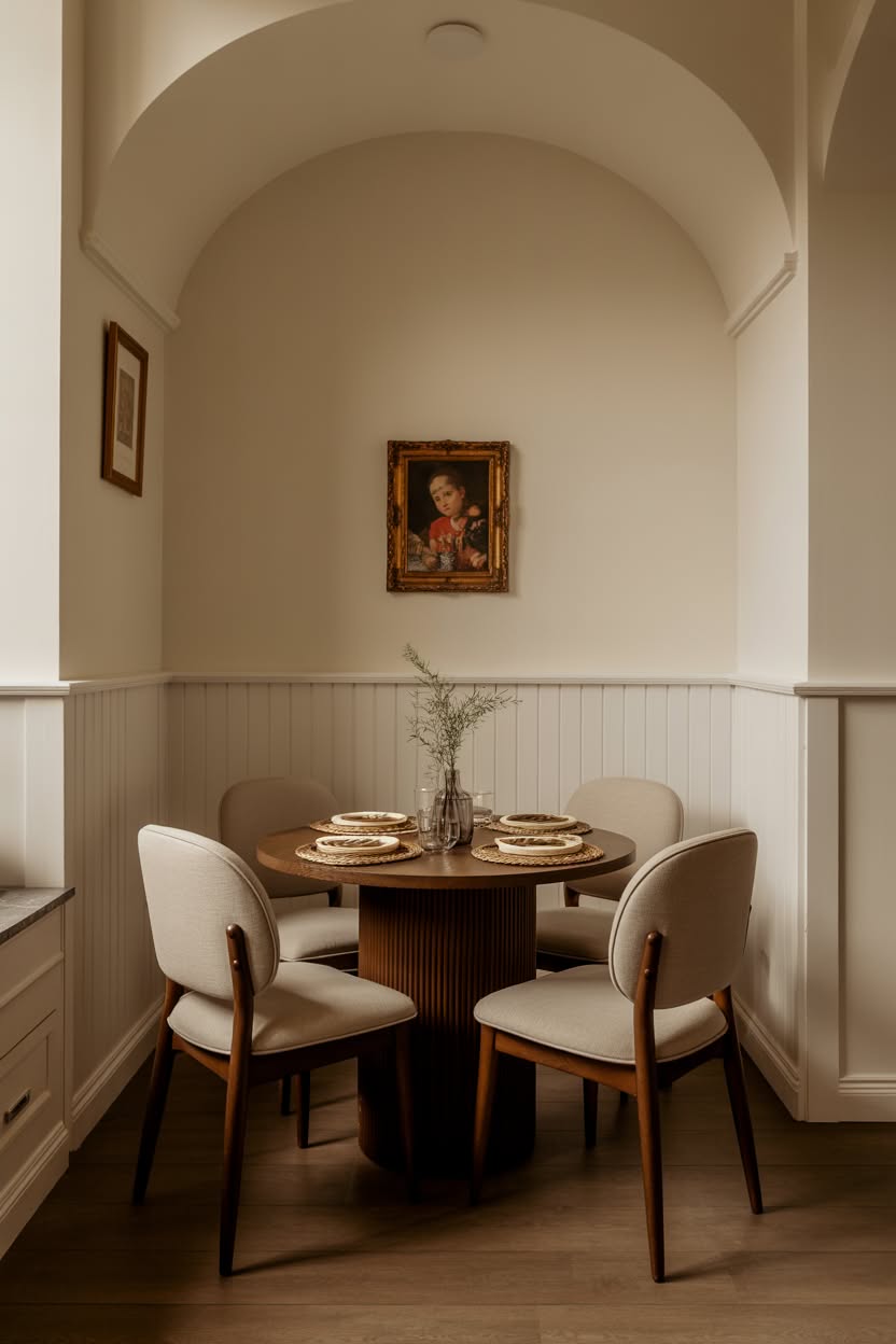 Intimate dining alcove with arched ceiling and beadboard wainscoting