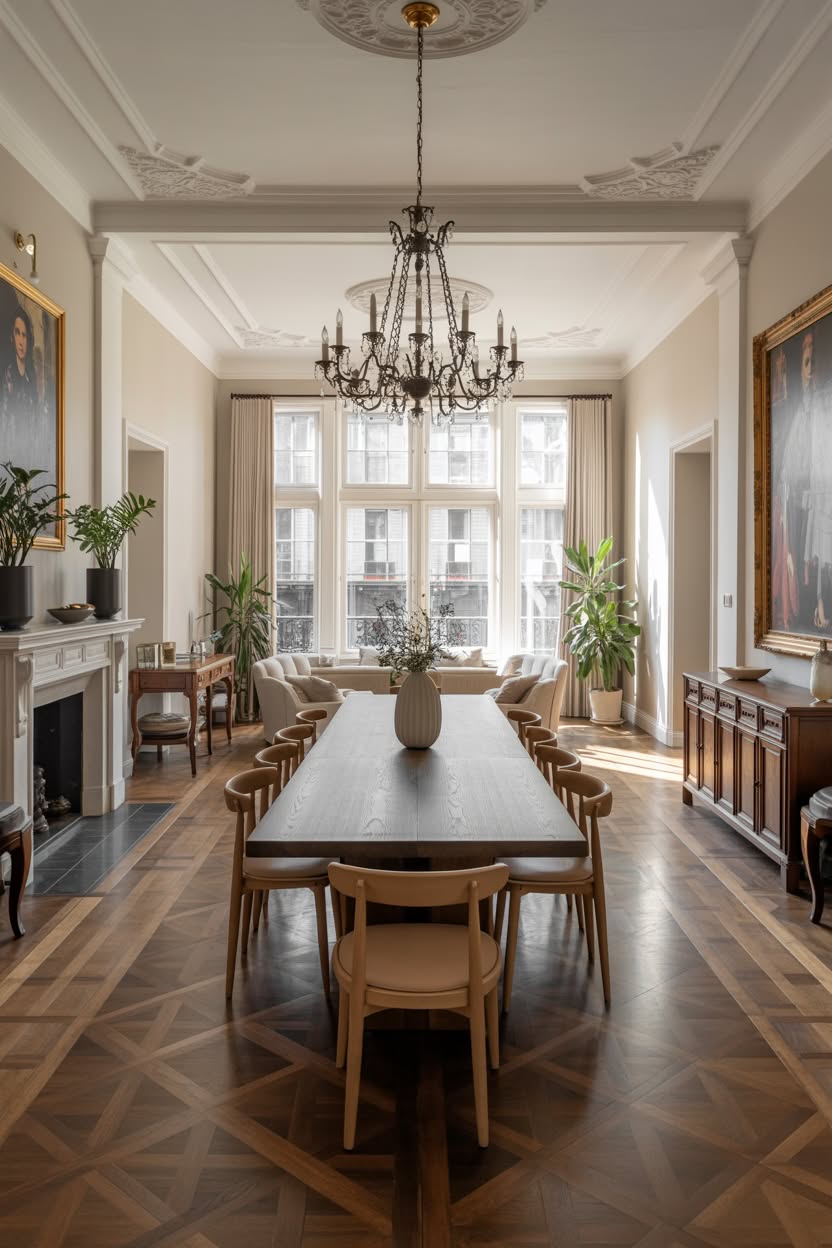 Elegant dining room with ornate ceiling details and iron chandelier