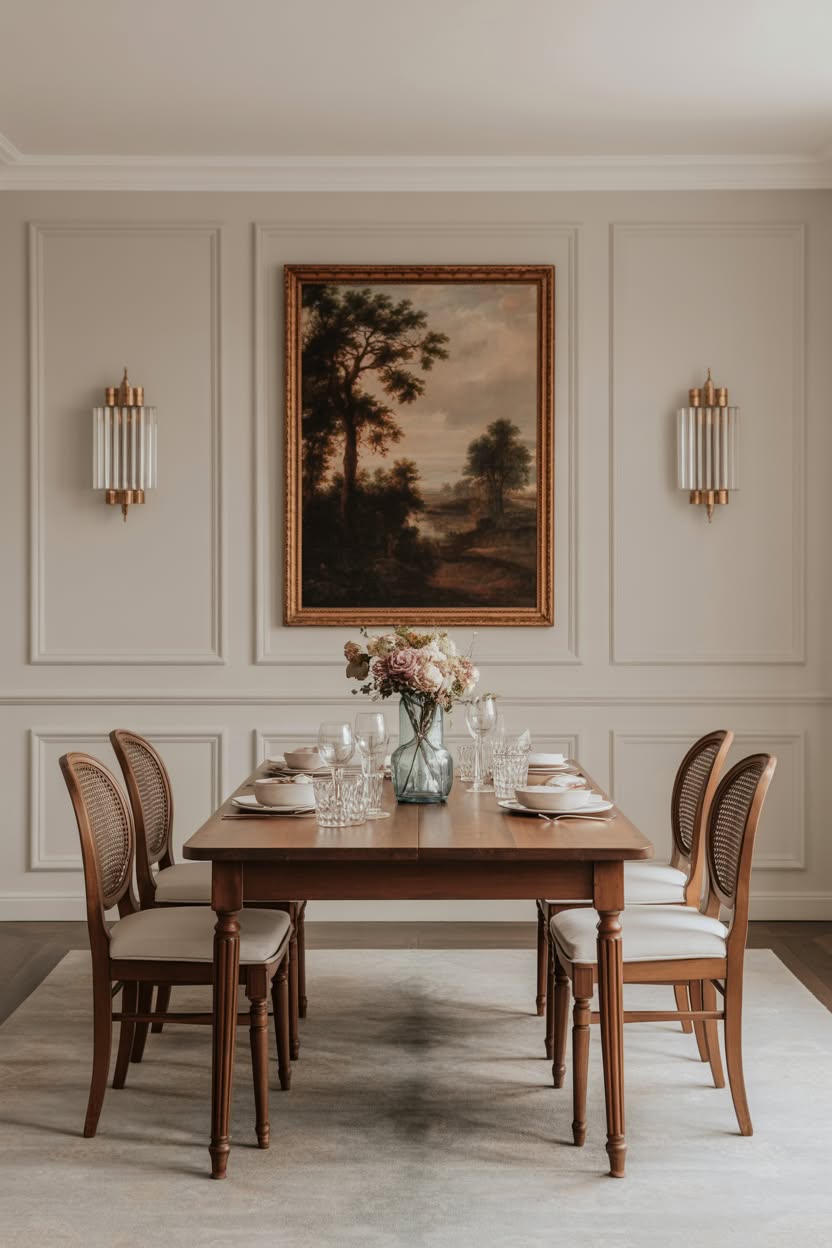 Parisian style dining room with chevron wood floors and landscape painting