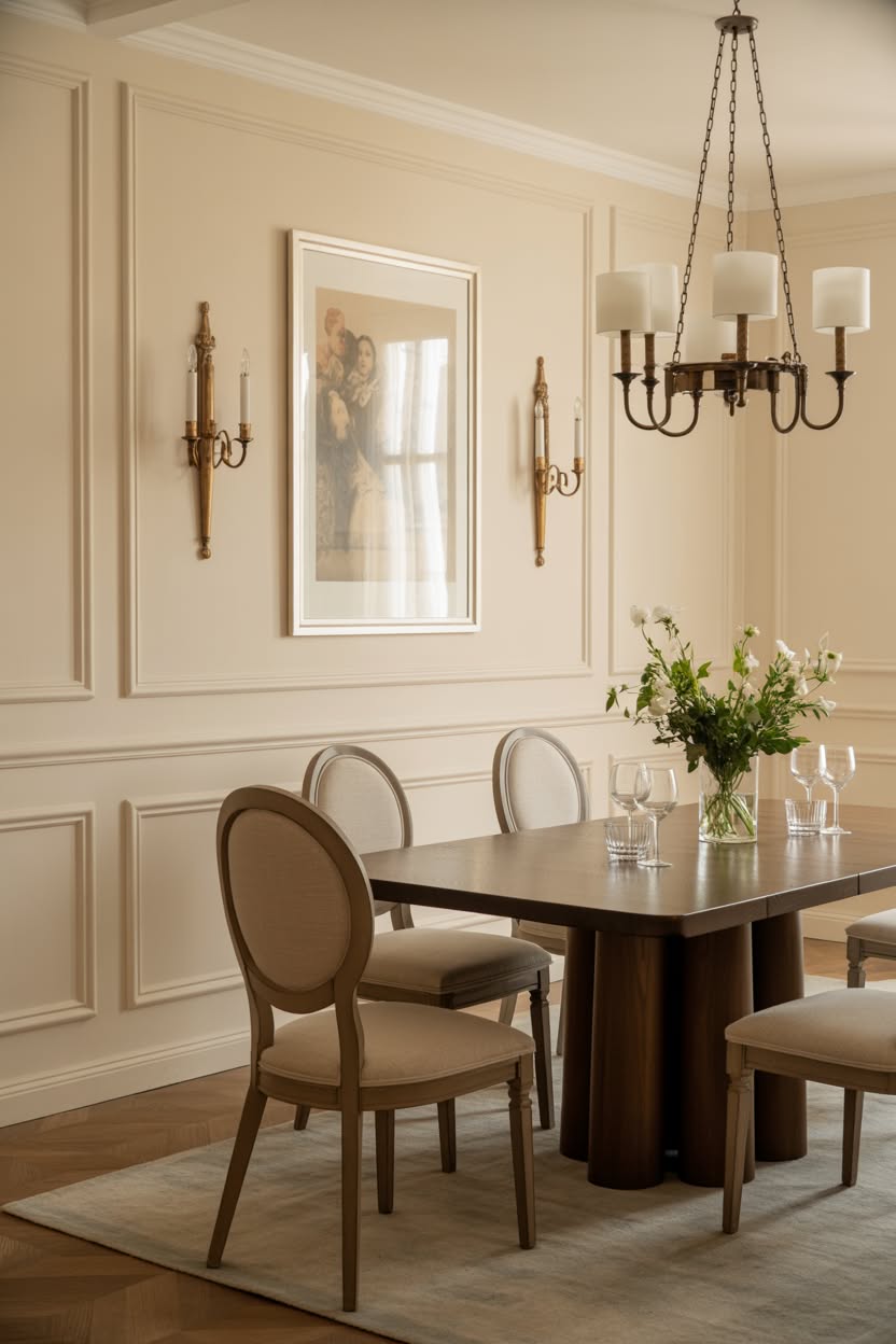 Classic dining room with candelabra chandelier and oval back chairs