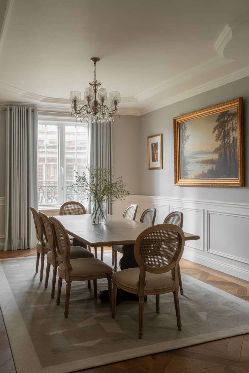 Soft gray dining room with beaded chandelier and cane back chairs
