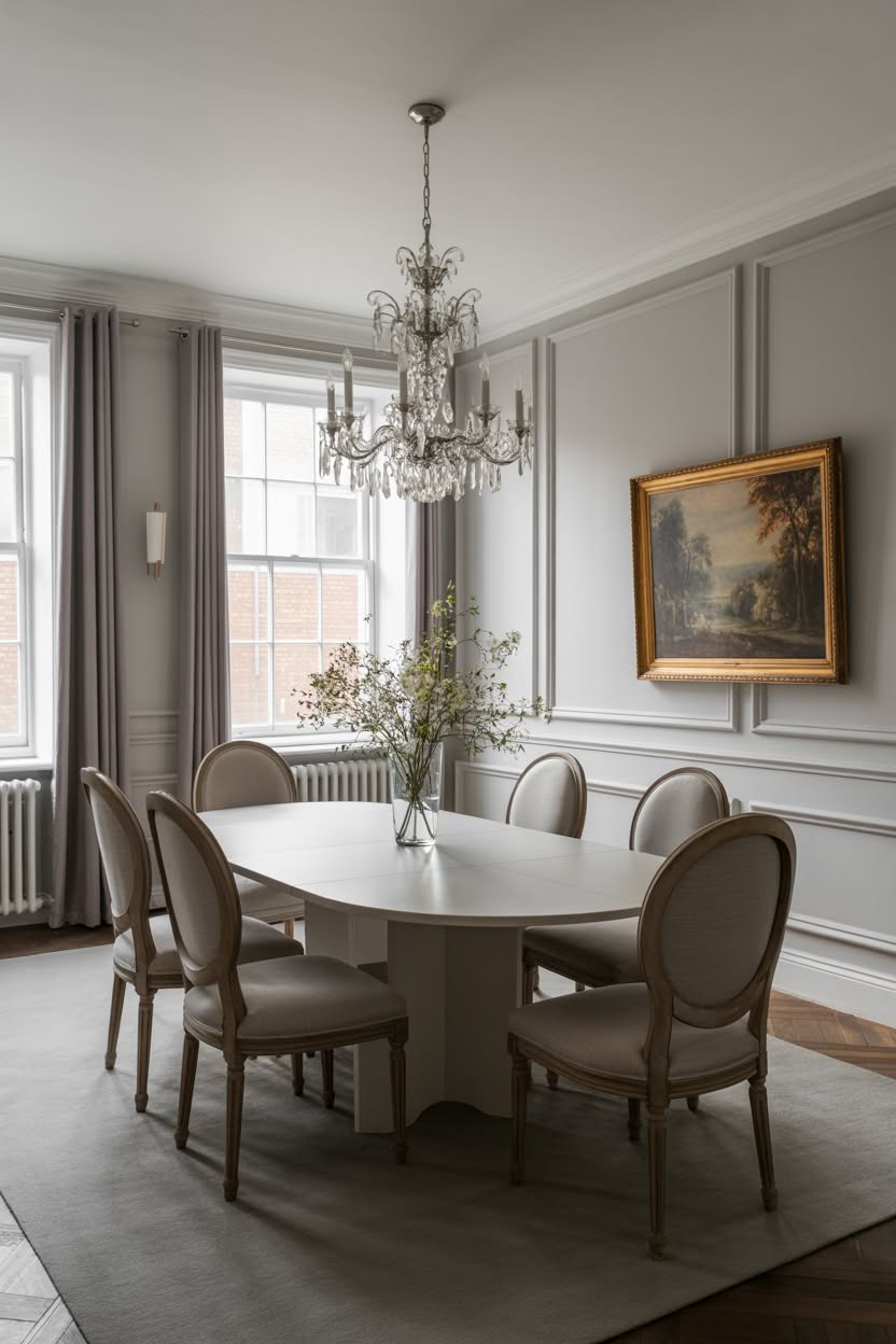 Elegant gray dining room with crystal chandelier and French chairs