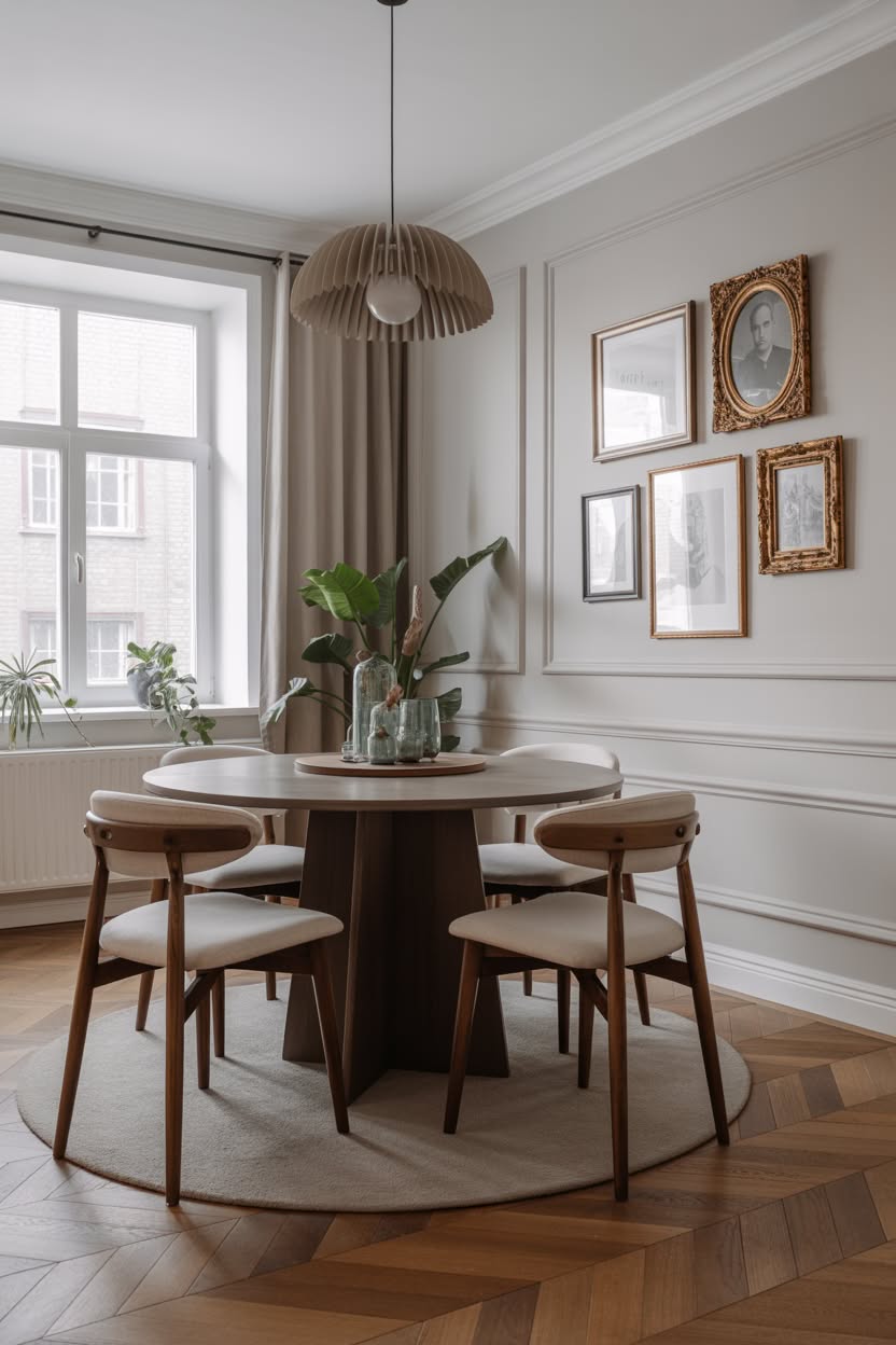 Modern dining room with sculptural pendant light and eclectic gallery wall