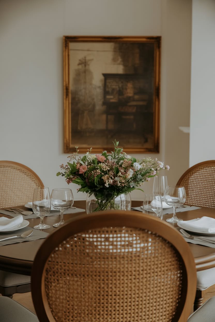 Charming dining room with cane back chairs and vintage artwork
