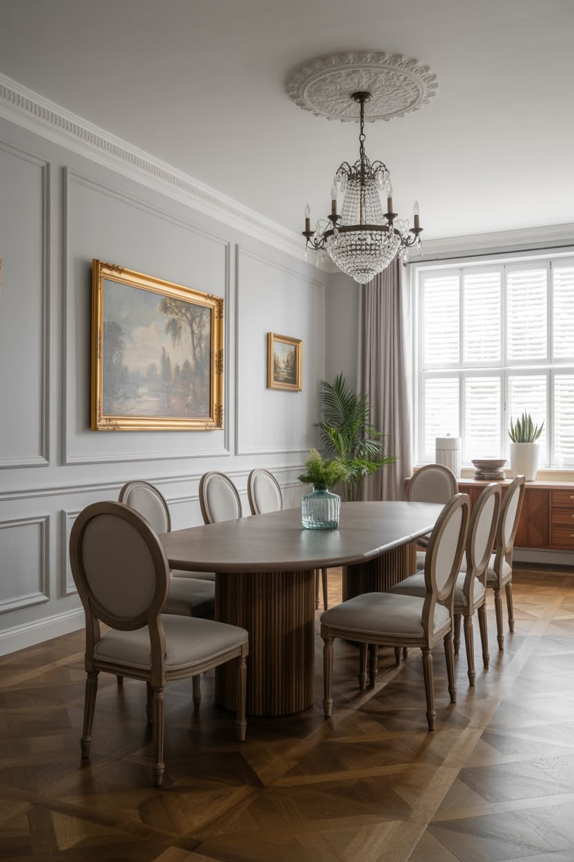 Elegant blue-gray dining room with crystal chandelier and fluted pedestal table