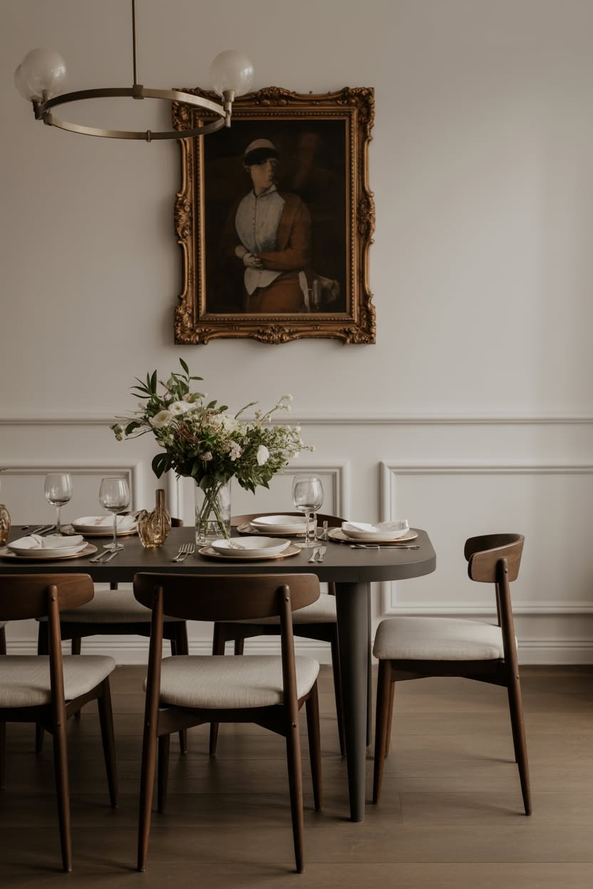 Dark modern traditional dining room with vintage portrait and mid-century chairs