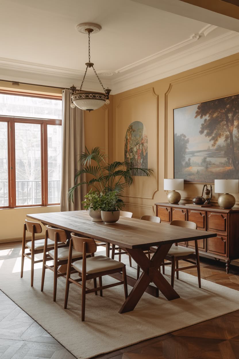 Warm terracotta dining room with X-base table and landscape painting