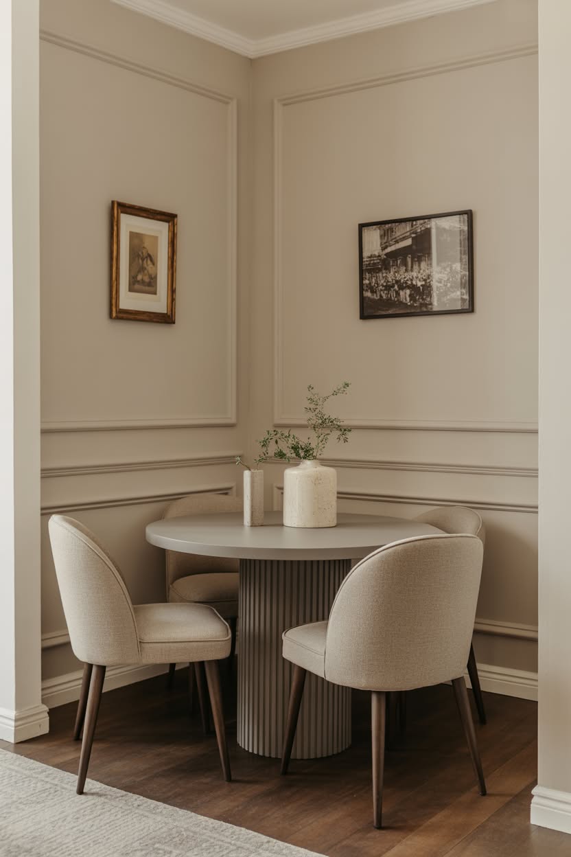 Intimate corner dining nook with round fluted pedestal table and upholstered chairs