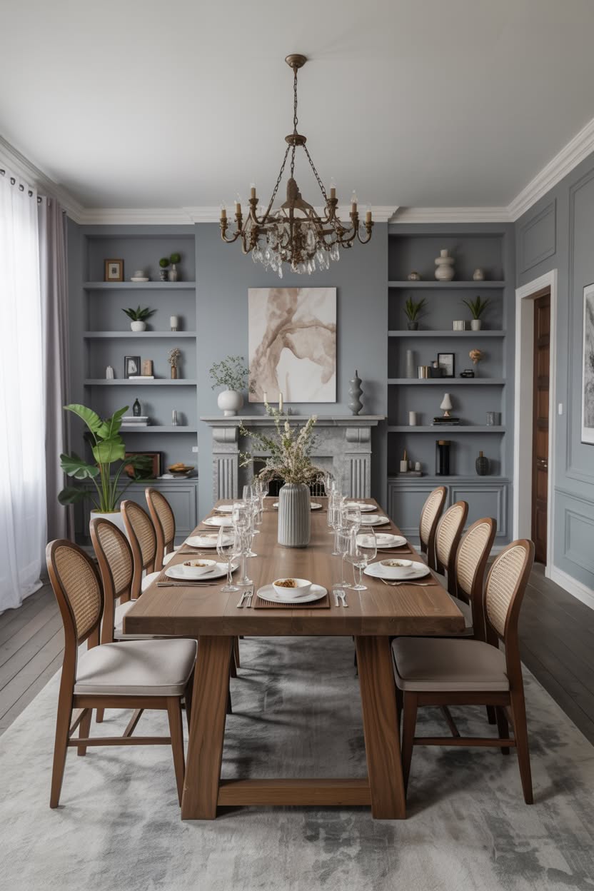 Blue dining room with built-in shelving, fireplace and cane back chairs