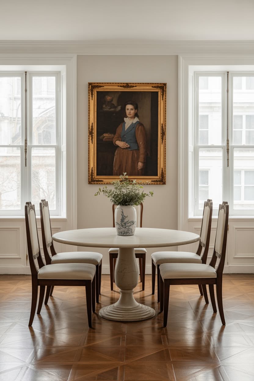 Traditional white dining room with pedestal table and vintage portrait