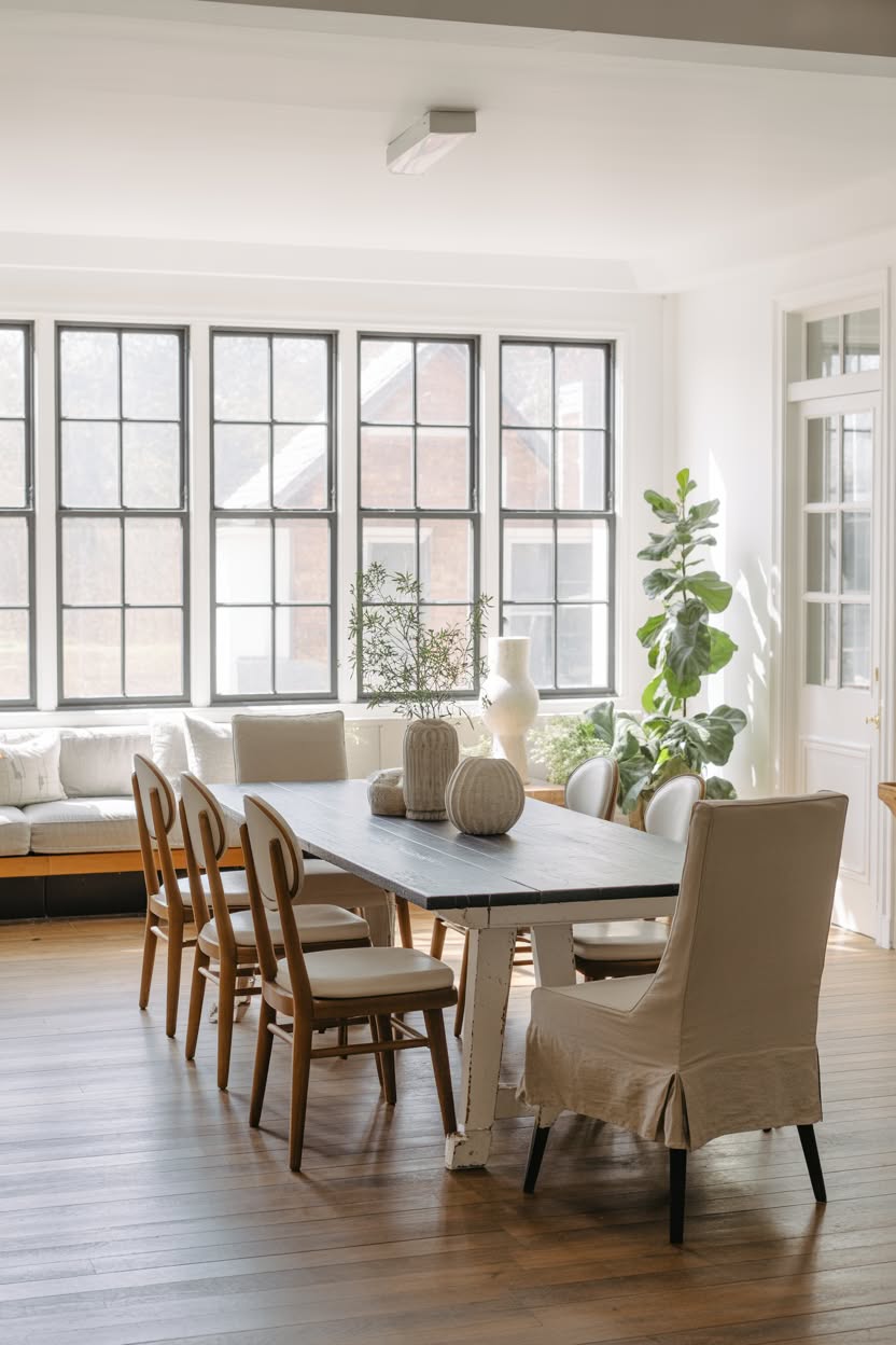 Bright dining room with black window frames and mixed seating styles