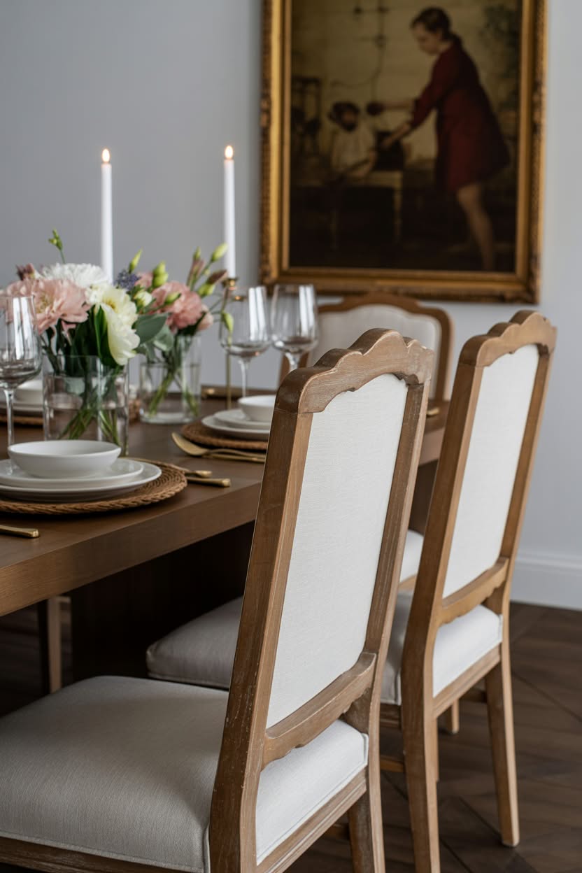 Romantic dining room with scalloped chairs and vintage oil painting
