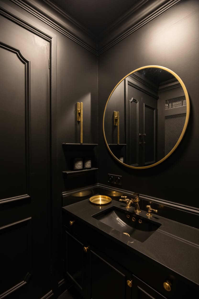 Dark moody powder room with black walls, gold circular mirror and brass fixtures