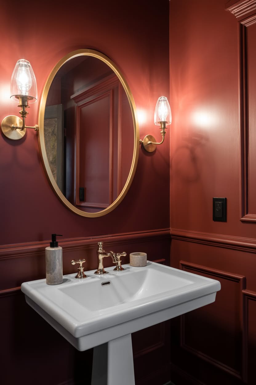 Warm terracotta powder room with oval gold mirror and pedestal sink