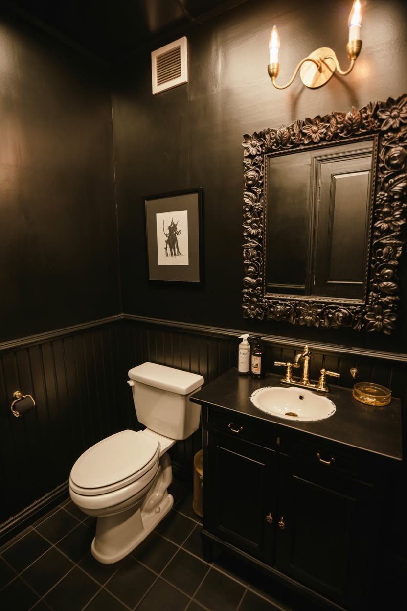 Black powder room with ornate gold mirror and candelabra sconces