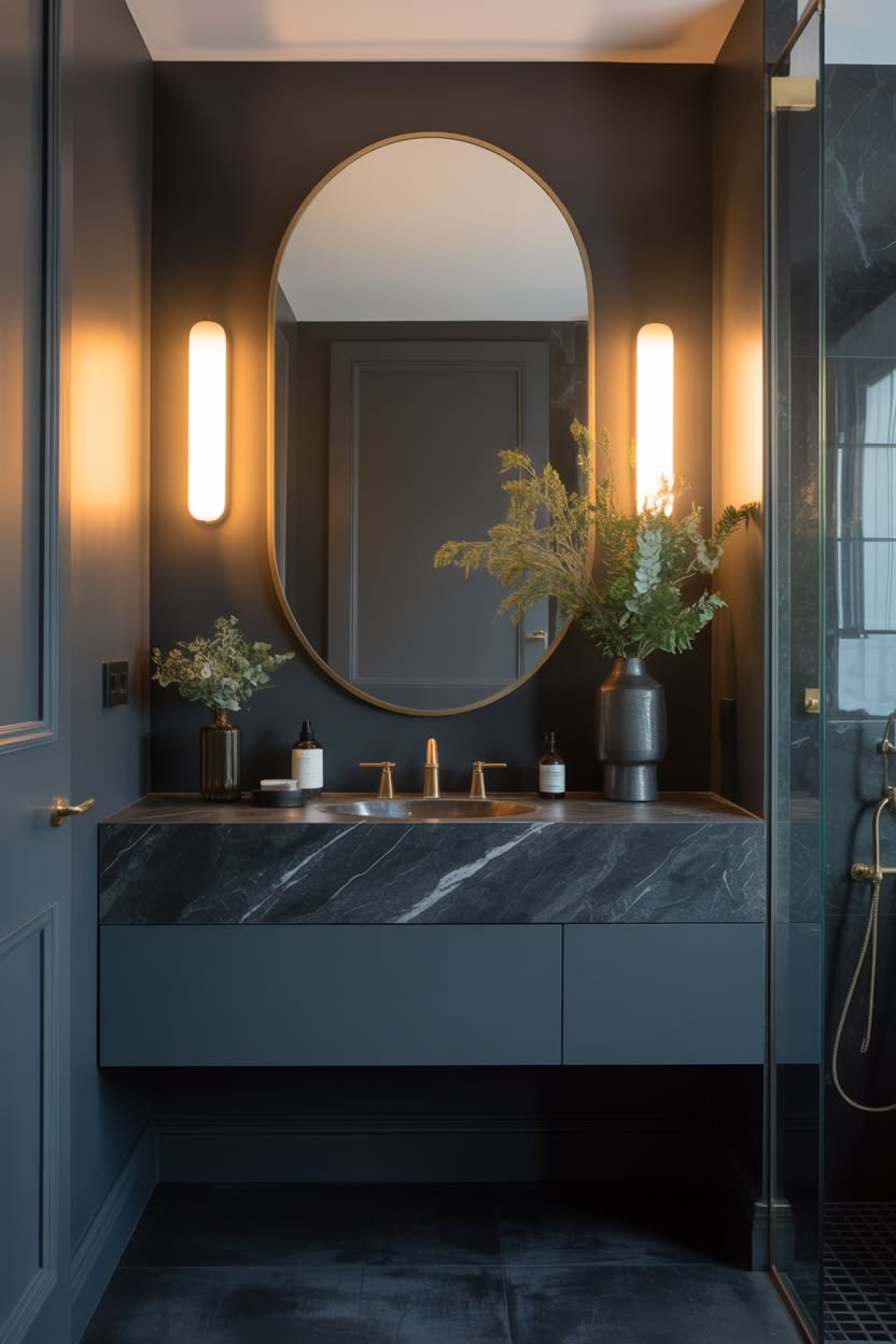 Charcoal grey bathroom with oval gold mirror and marble floating vanity