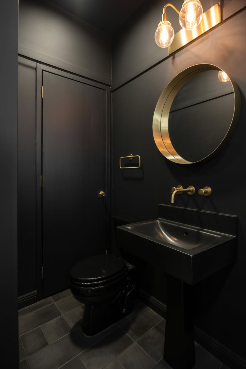 All black modern powder room with round gold mirror and wall-mounted sink