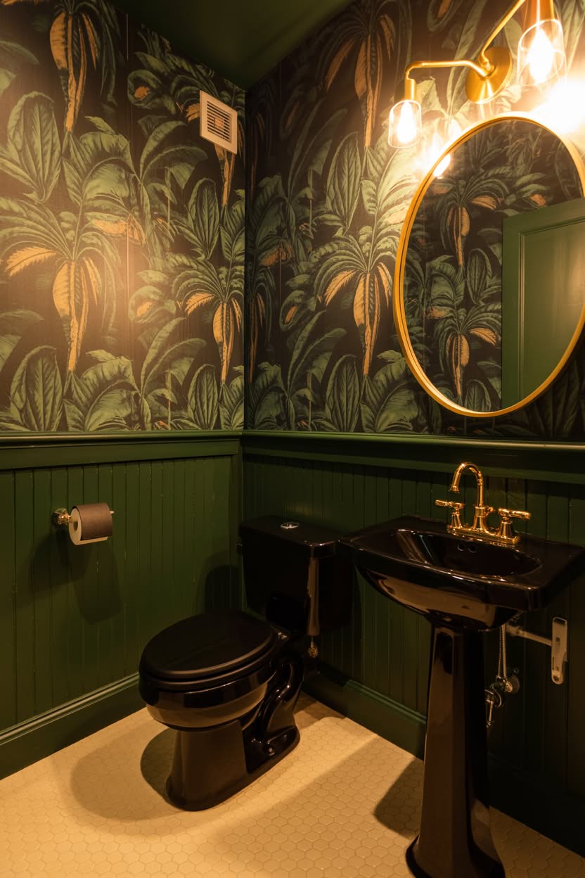 Dark tropical wallpaper powder room with green wainscoting and gold fixtures