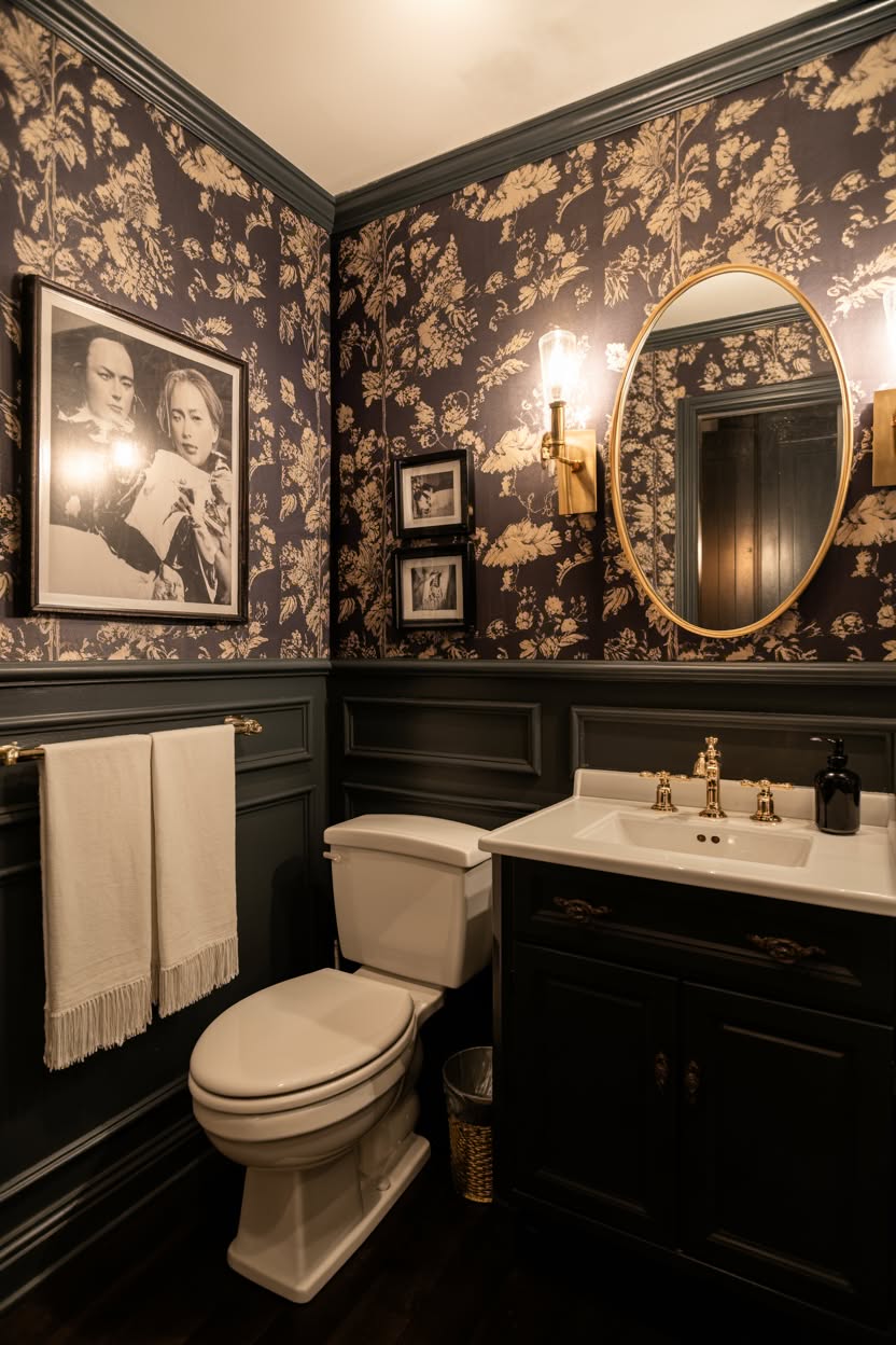 Moody powder bathroom with floral wallpaper and dark green wainscoting