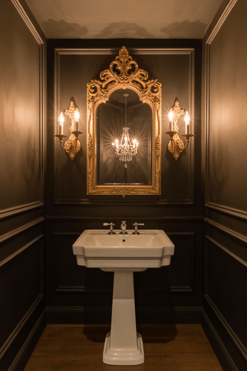 Black powder room with ornate gold mirror reflecting crystal chandelier