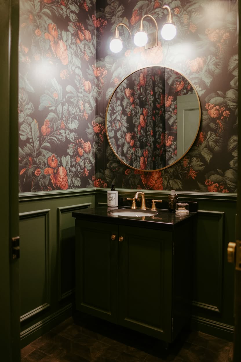 Dark floral wallpaper with coral flowers and green vanity in powder room