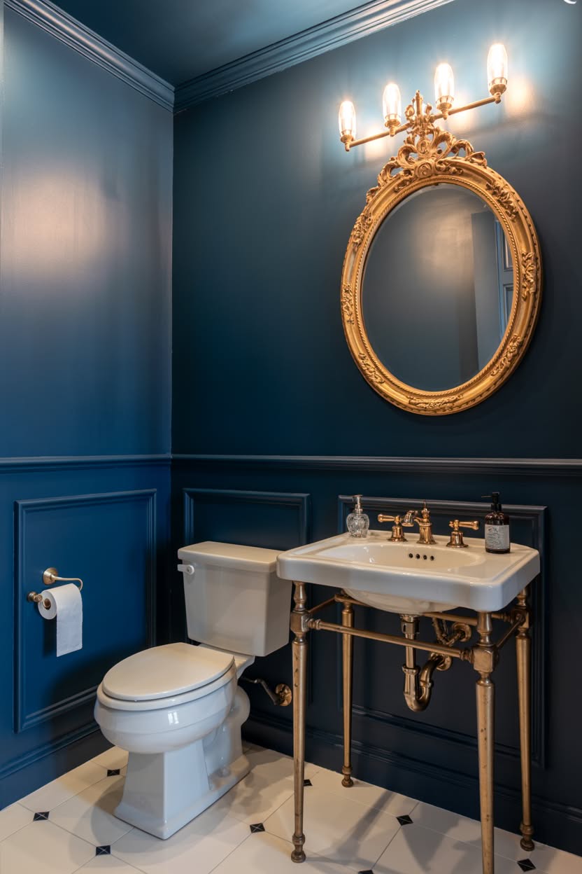 Royal blue powder room with ornate gold mirror and console sink