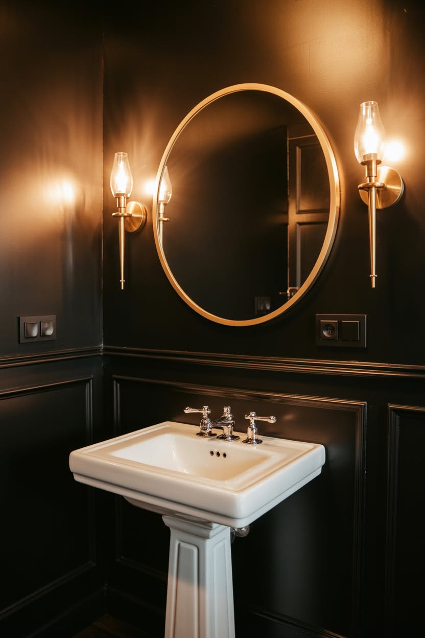 Dark chocolate brown powder room with oval gold mirror and pedestal sink