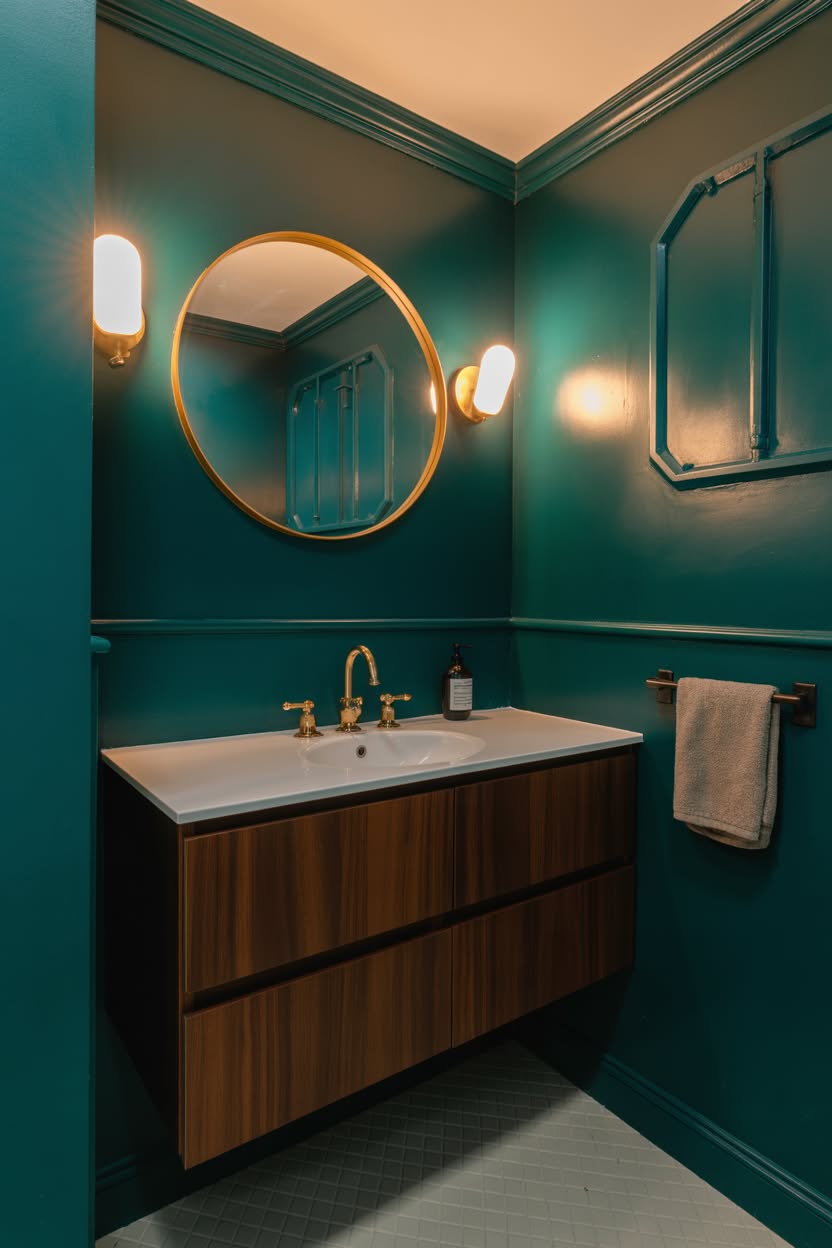 Deep teal powder room with floating wood vanity and round gold mirror