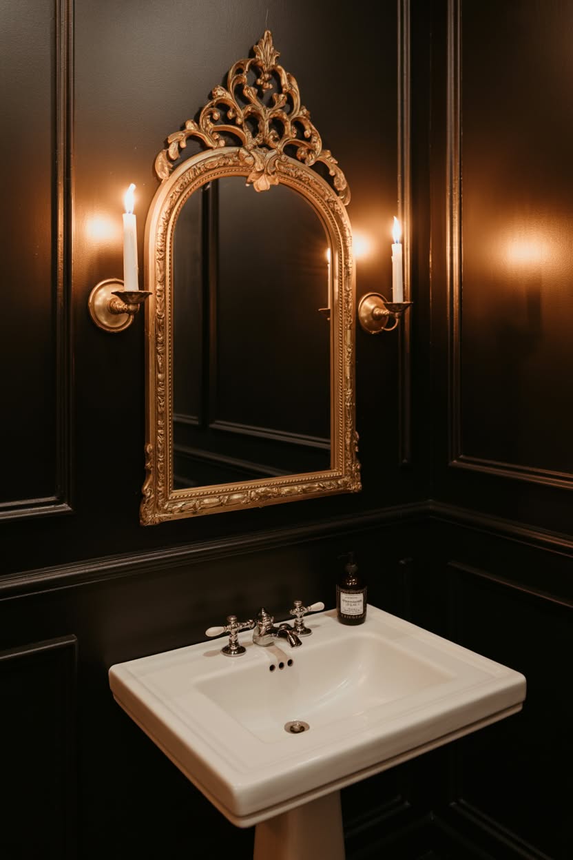 Dark charcoal bathroom with ornate vintage gold mirror and candle sconces