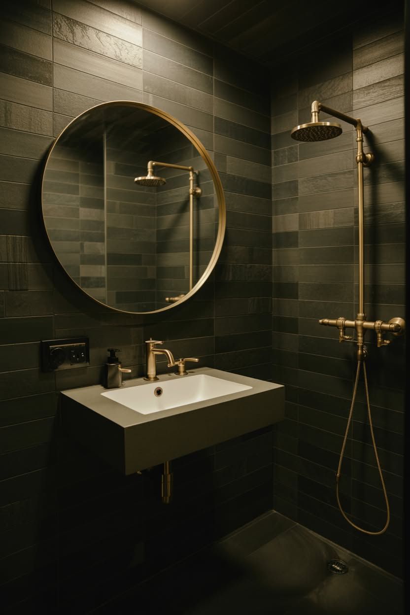 Modern dark grey tiled bathroom with floating sink and brass shower fixtures