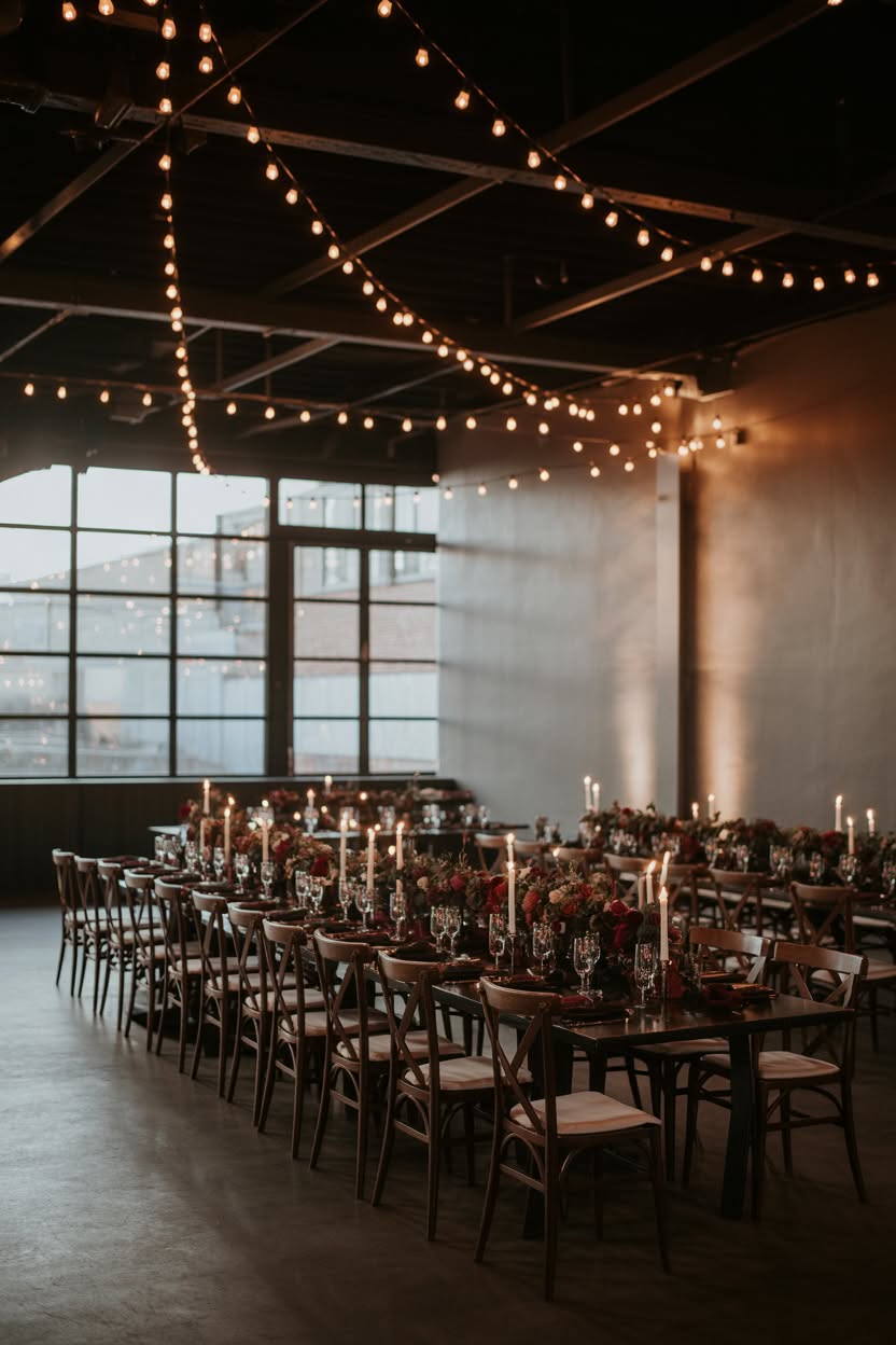Industrial wedding reception with string lights and burgundy floral centerpieces