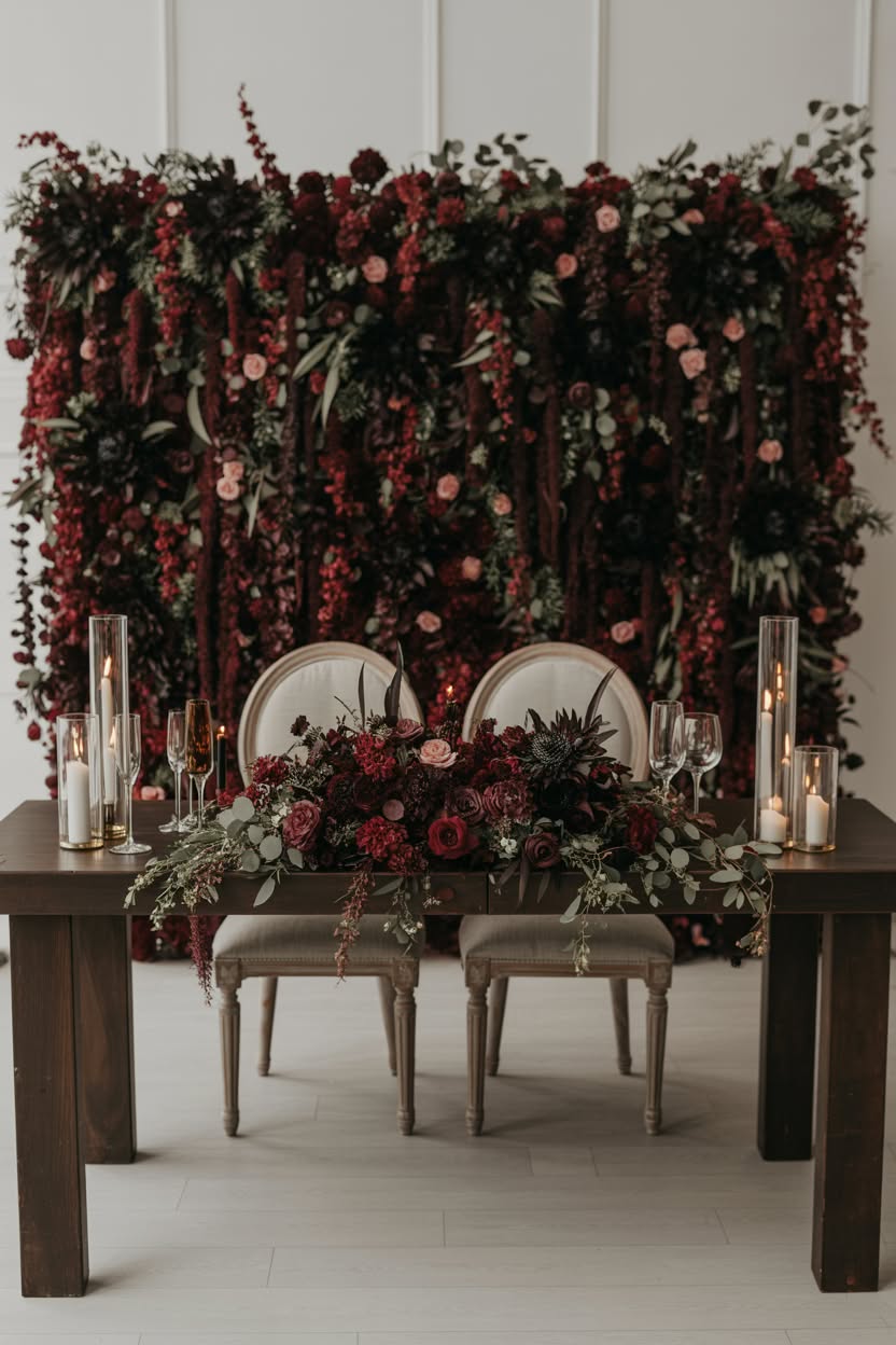 Sweetheart table with burgundy and pink floral wall backdrop